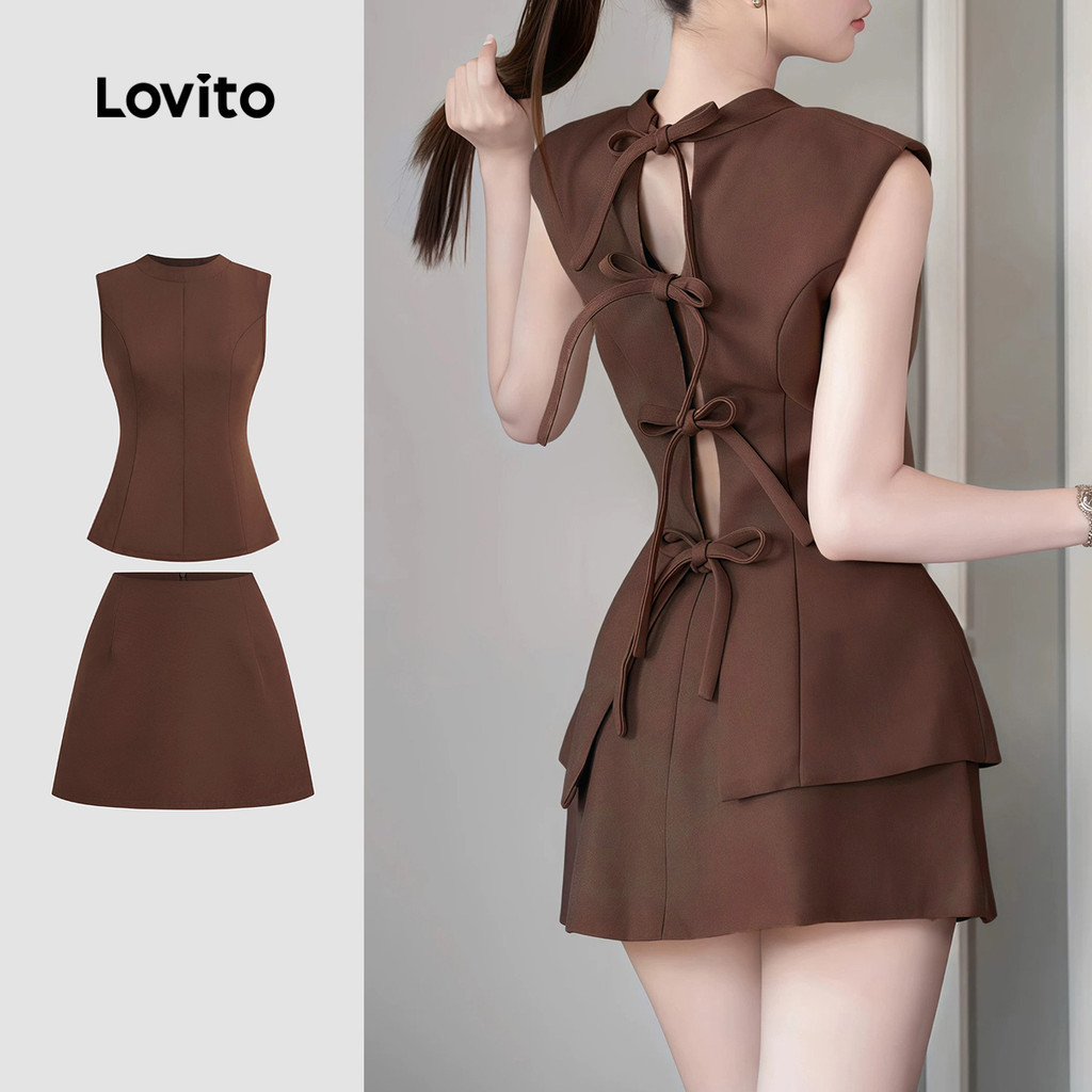 Lovito ชุดกระโปรงทรงสวยผูกหลังเว้าหลัง ชุดกระโปรงสีน้ำตาลสำหรับฤดูใบไม้ผลิ/ฤดูร้อนสำหรับผู้หญิง L142ED436