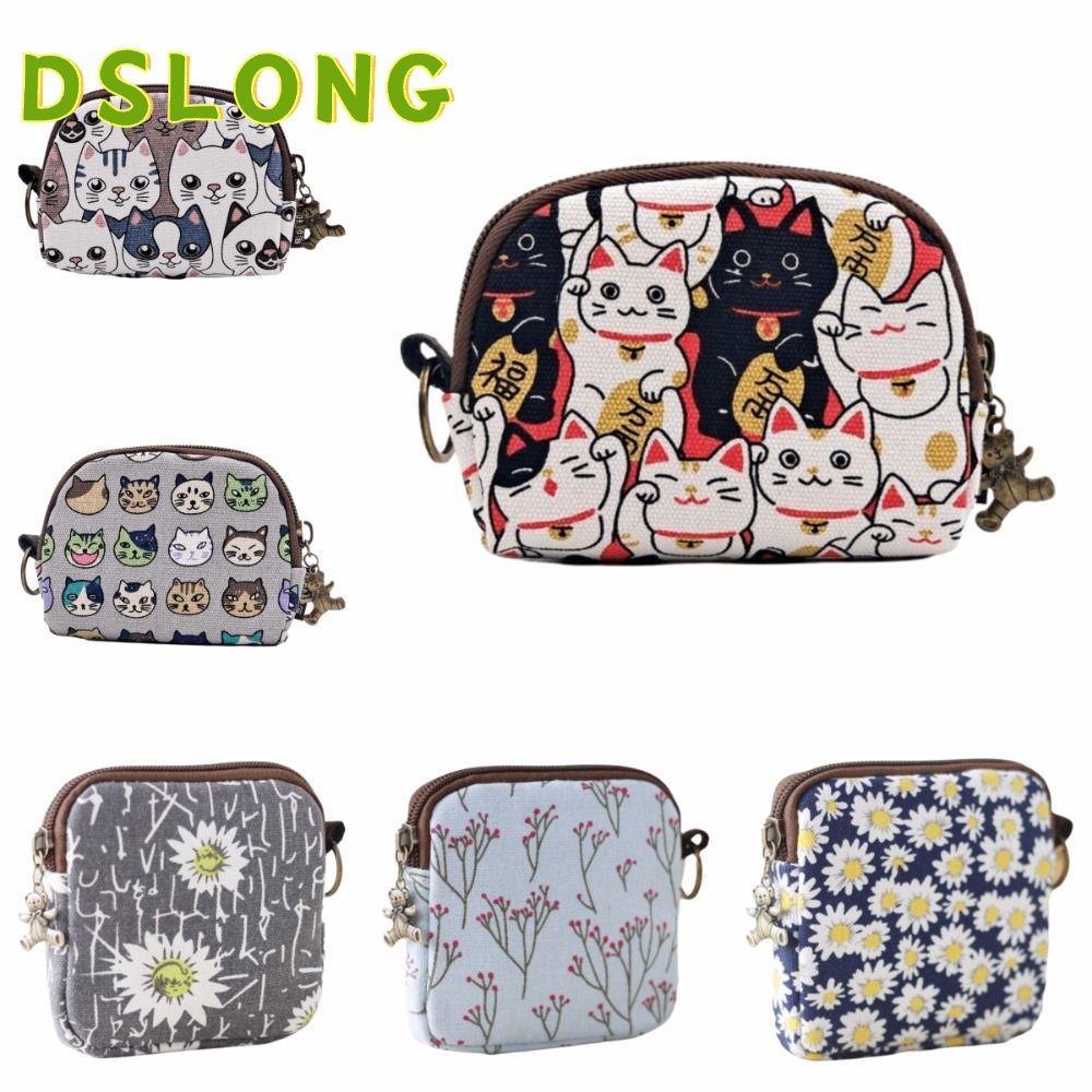DSLONG กระเป๋าใส่เหรียญ vintage การ์ตูน ดีไซน์ซิปผ้าใบแมว สำหรับผู้หญิง