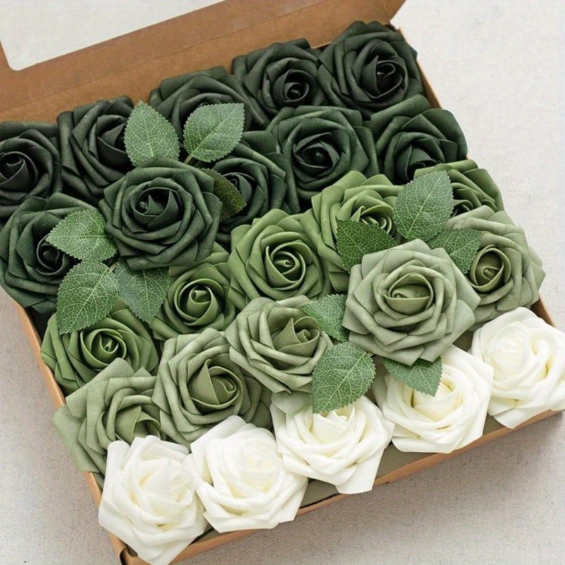 Artificial Flowers 25pcs Real Looking Forest Green Ombre Colors Foam Fake Roses with Stems for DIY W