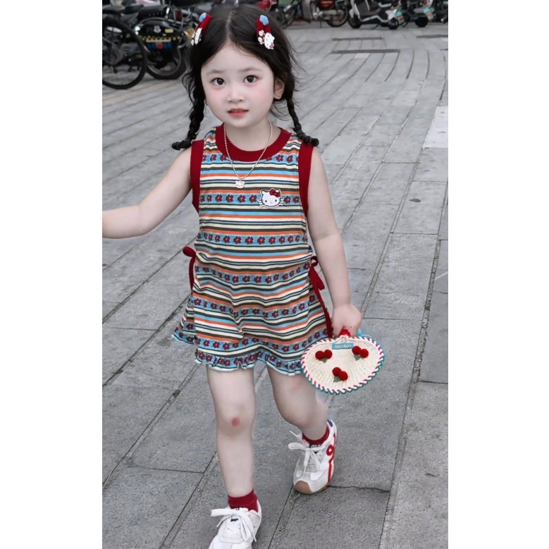 เสื้อผ้าเด็กสไตล์เกาหลี HelloKitty ชุดเจ้าหญิงลายสายรุ้งแขนกุด ชุดไปงานปาร์ตี้เด็ก ชุดเด็กผู้หญิงฤดูร้อน 1-6ปี