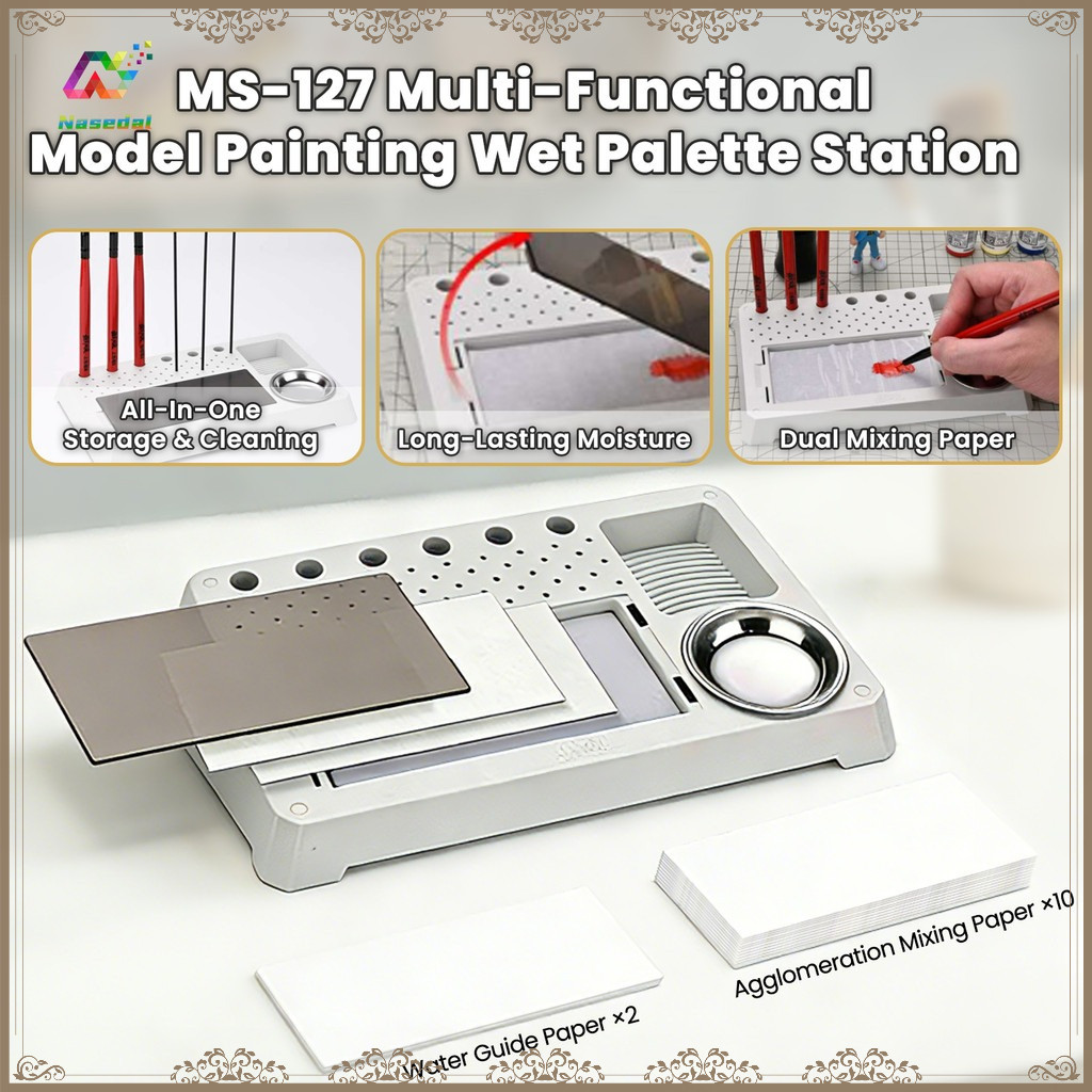 MS-127 รุ่นภาพวาด Wet Palette Station Multi-Functional สีผสม Palette พร้อมแปรงเก็บและสีทําความสะอาดหม้อสําหรับ Gundam ทหาร Gk Miniature รุ่น Hobby Craft เครื่องมือ