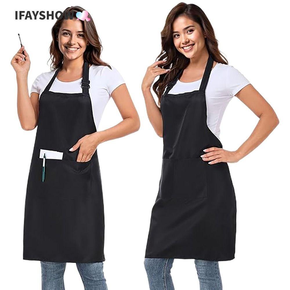 IFAYSHOW ผ้ากันเปื้อนปรับได้ กันน้ํา สีดํา พร้อมกระเป๋าครัว 2 ใบ สําหรับช่างทําผม