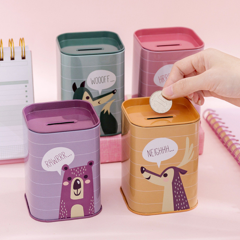 เวอร์ชั่นเกาหลี Square Metal Tinplate Piggy Bank สไตล์อังกฤษ Piggy Bank Piggy Bank Storage Bank T