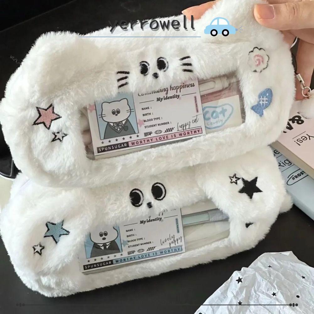 YERROWELL กระเป๋าปากกา, Plush Viewable Window Pencil, แบบพกพา Multi-functional ความจุขนาดใหญ่กระเป๋าเก็บเครื่องเขียนของขวัญนักเรียน