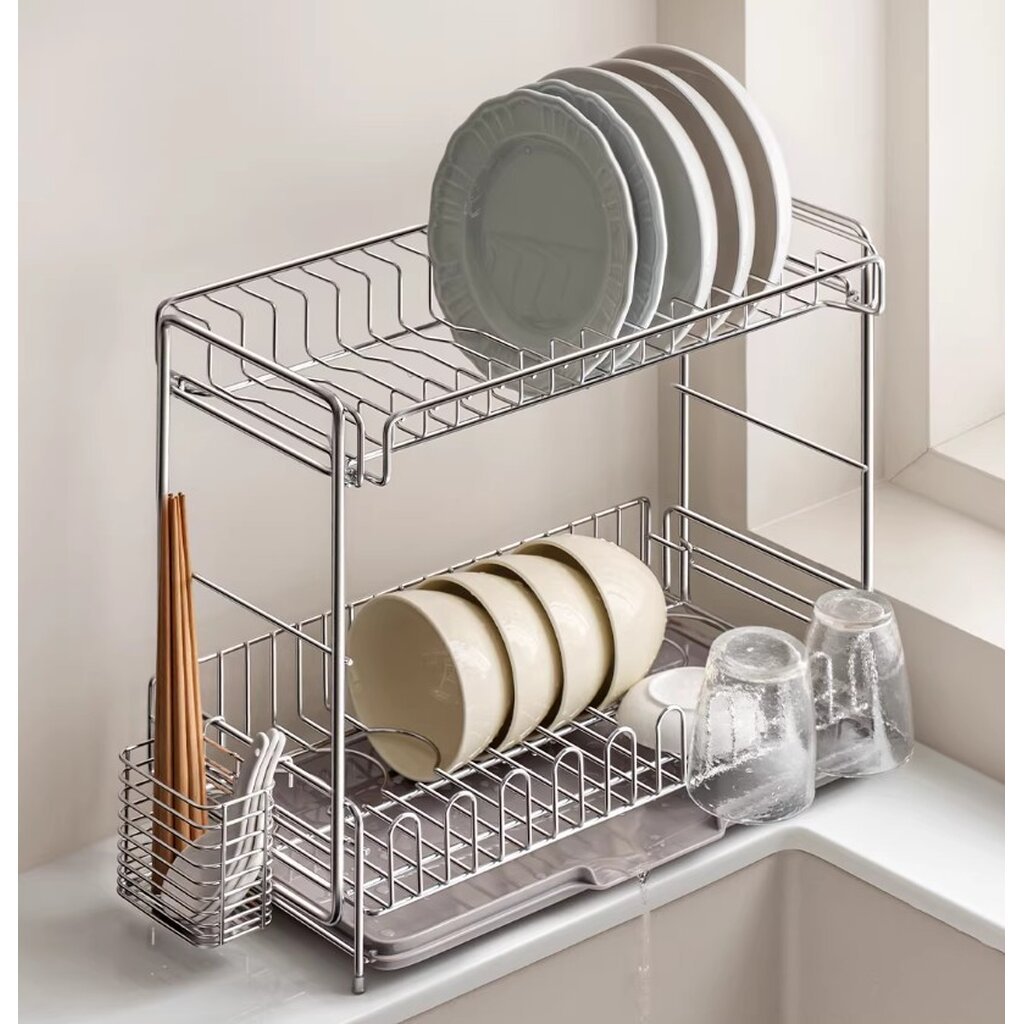 Omocha | ที่คว่ำจาน 2 ชั้น สแตนเลส 304 กันสนิม ที่วางจาน Dish Rack พร้อมถาดรองน้ำ ที่ใส่ช้อน