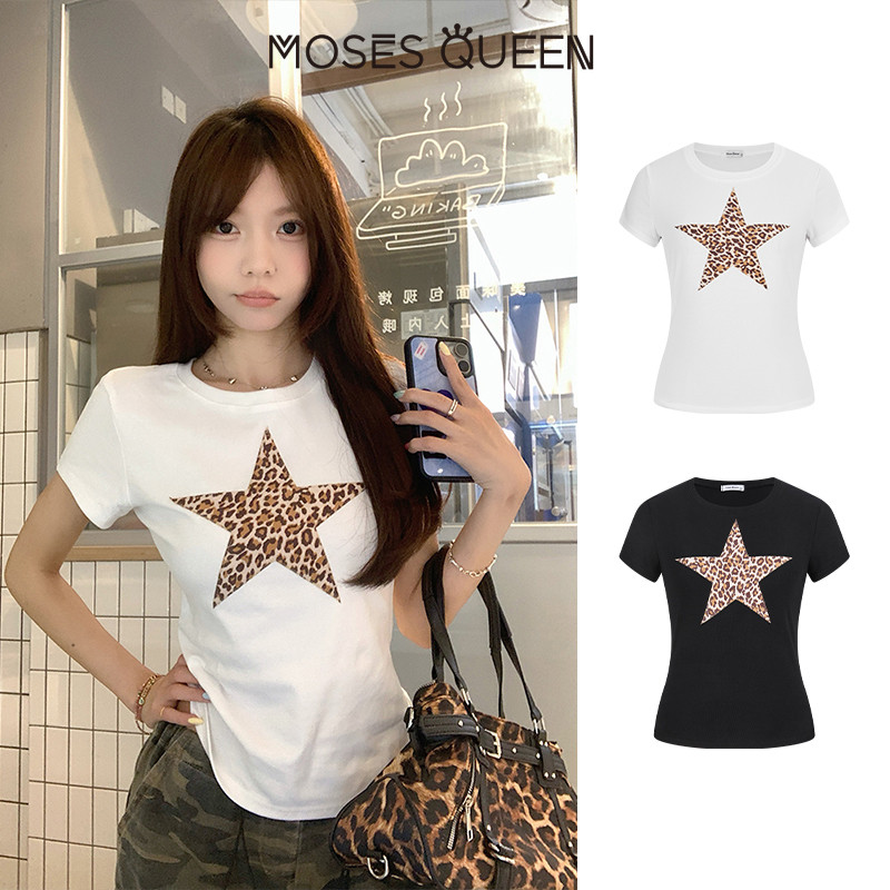 MOSESQUEEN เสื้อผ้าสกรีนลายดาวสีดำ แขนสั้น สำหรับผู้หญิง แบบกระชับตัว ให้ความรู้สึกดูเพรียว คอเป็นวงกลม เปิดด้านหน้า #63580 – โปรปัง