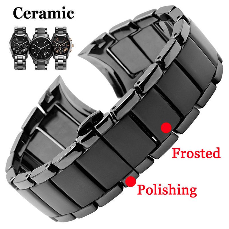 Solid Curved End เซรามิคนาฬิกาสําหรับ Armani AR1451 AR1452 สีดําสายนาฬิกาผีเสื้อหัวเข็มขัดสายนาฬิกาผู้หญิงผู้ชายสร้อยข้อมือธุรกิจกีฬาเข็มขัดข้อมือ