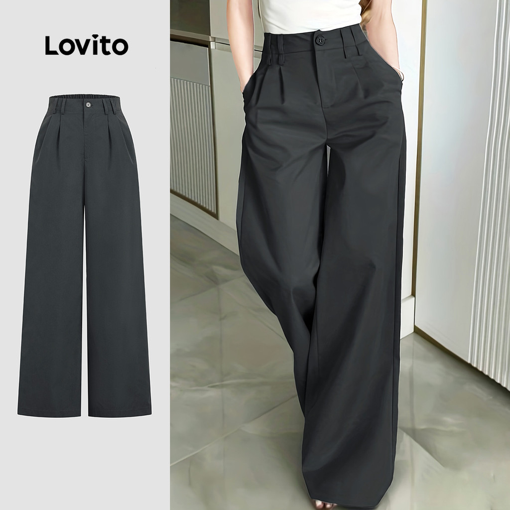 Lovito กางเกงลําลองผู้หญิง สีเทาเข้ม ทรงซิป กระดุม ดีไซน์คลาสสิก เหมาะสําหรับฤดูใบไม้ผลิและฤดูร้อน L34LD052