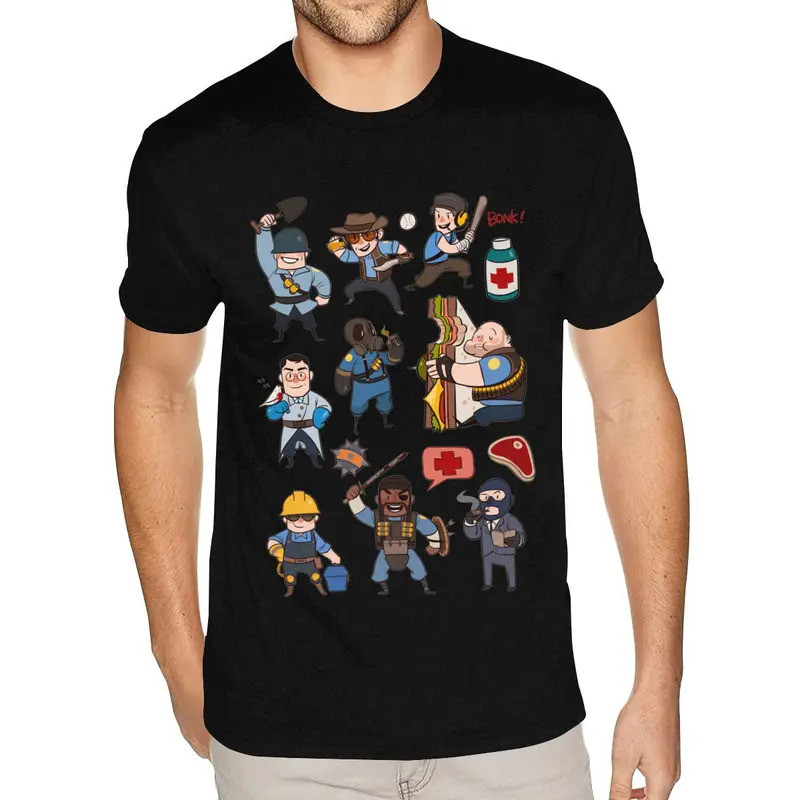 เสื้อยืดแขนสั้นผ้าฝ้ายสีดำ 3XL สำหรับเด็กผู้ชาย ลาย Team Fortress 2 ยุค 90