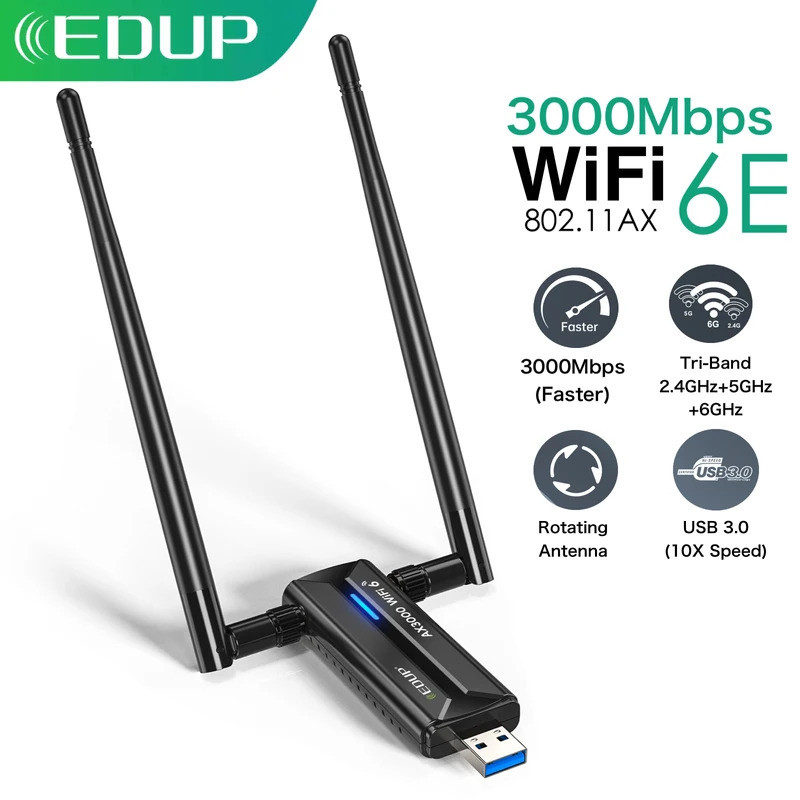 EDUP WiFi 6E การ์ดเครือข่ายไร้สาย 3000Mbps USB 3.0 อะแดปเตอร์ WiFi Tri-Band 2.4G 5G 6G เสาอากาศรับสั