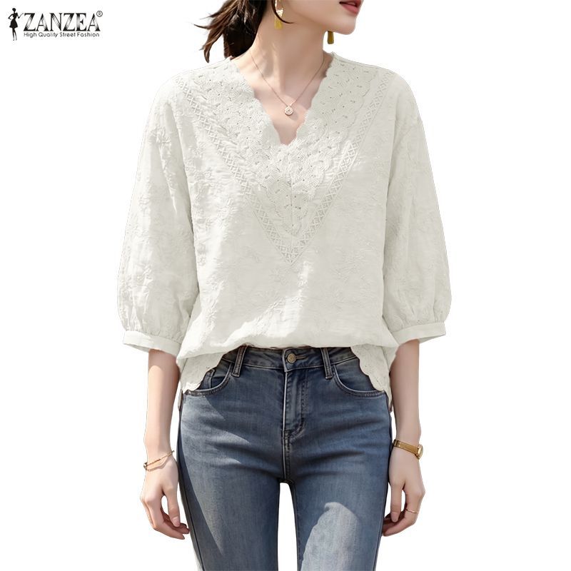 ZANZEA ซานเซีย ผู้หญิง ลายลูกไม้ คอวี สไตล์เกาหลี สำหรับใส่ทุกวัน