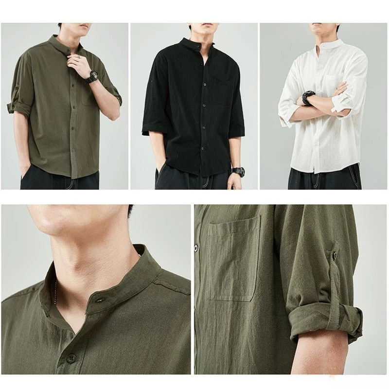 ผู้ชายผ้าฝ้ายผ้าลินินเสื้อแขนสั้นบางระบายอากาศได้