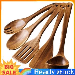 ready stock5PCS Kitchen Wooden Spoon Set Non-Stick Pan Wooden Utensils Kitchen Wooden Serving Utensils 5PCS Wooden Cooking Utensil Set Spatula Fork Separator Serving Spoon
