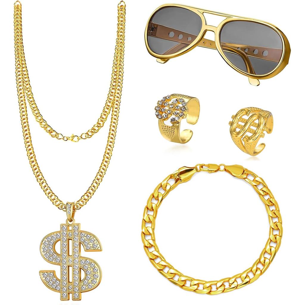 ชุดHip Hopยุค80s 90s สไตล์โกลด์ พร้อมแว่นตากันแดดและเครื่องประดับครบเซ็ท