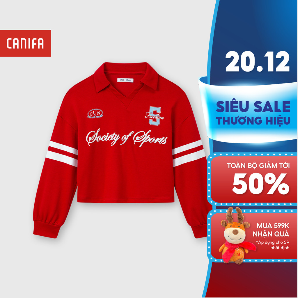 CANIFA เสื้อโปโลเด็กผู้หญิงพิมพ์ลายคอปกและแขนยาว 1TP25C005