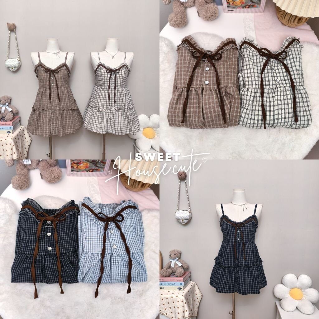 🧸 SweetHouse #675 🌻 เสื้อสายเดี่ยวผ่าหน้าแต่งด้วยกระดุมเพชรพร้อมริบบิ้นสีน้ำตาลหวานน่ารักมากก