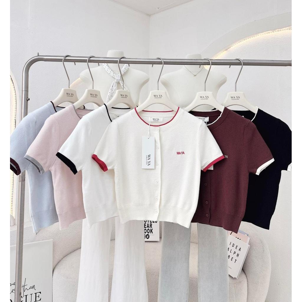 KN.Clothes เสื้อไหมพรมแขนสั้น คอกลมแต่งขอบ กระดุมหน้าใช้งานได้ เนื้อไหมพรมไม่หนา WA YA