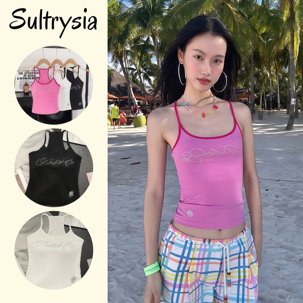 SultrySia เสื้อยืดผู้หญิง เข้ารูป เสื้อยืดคอกลม มีฟองน้ำในตัว เรียบง่าย การออกแบบติดเพชร FY3590-0