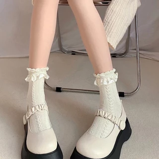 พร้อมส่งในไทยถุงเท้าโลลิต้าญี่ปุ่น ตกแต่งโบว์ สีทึบ ถุงเท้าเจเคน่ารัก