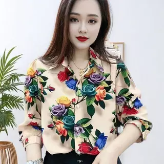 เสื้อลายดอกไม้สไตล์เรโตรสำหรับสตรี ทำจากผ้าเชิฟอง สไตล์สมัยนิยมและสวมใส่ง่าย