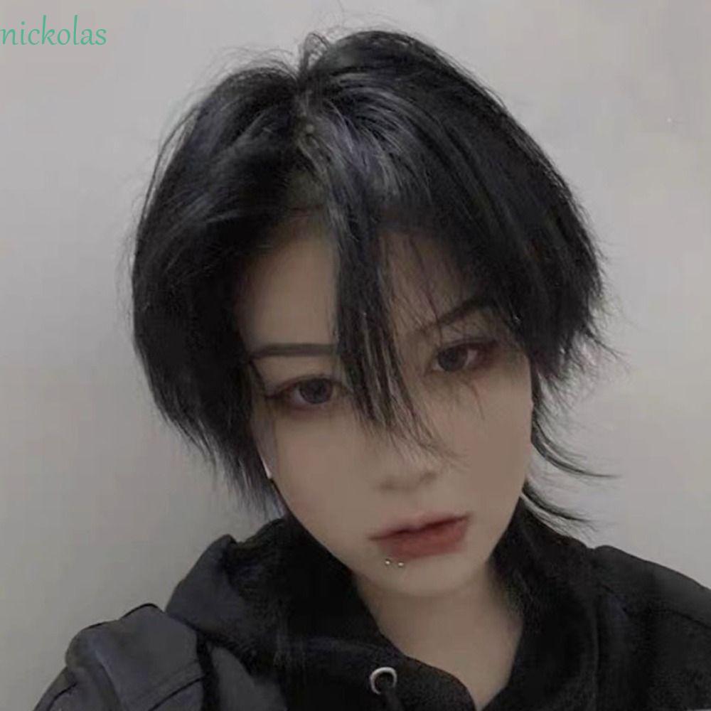 NICKOLAS Mullet Wig Synthetic Fiber สำหรับ cosplay และสวมใส่วัน.daily wear ทรง.Layered หางหมาป่าสีดำ