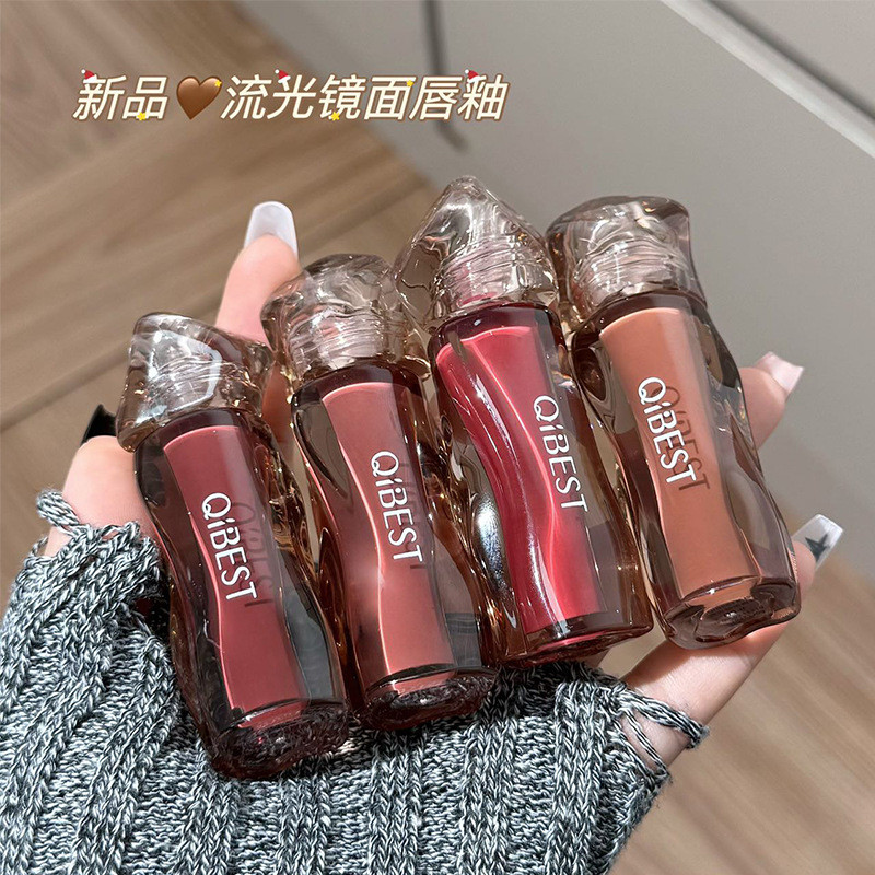 QIBEST茶棕流光镜面唇釉四色曲线口红外贸品深色系列唇泥一件代发QIBEST tea brown streamer mirror lip glaze foursssql.th
