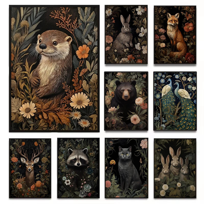 Vintage William Morris Otter Peacock Bunny Flower Leaf Portrait โปสเตอร์ผ้าใบภาพวาด Wall Art ภาพตกแต