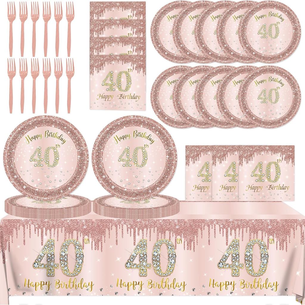 ตกแต่งวันเกิด 40th สําหรับผู้หญิง,61 ชิ้น Rose Gold 40th ตกแต่งวันเกิดบนโต๊ะอาหารรวม Happy 40th แผ่น