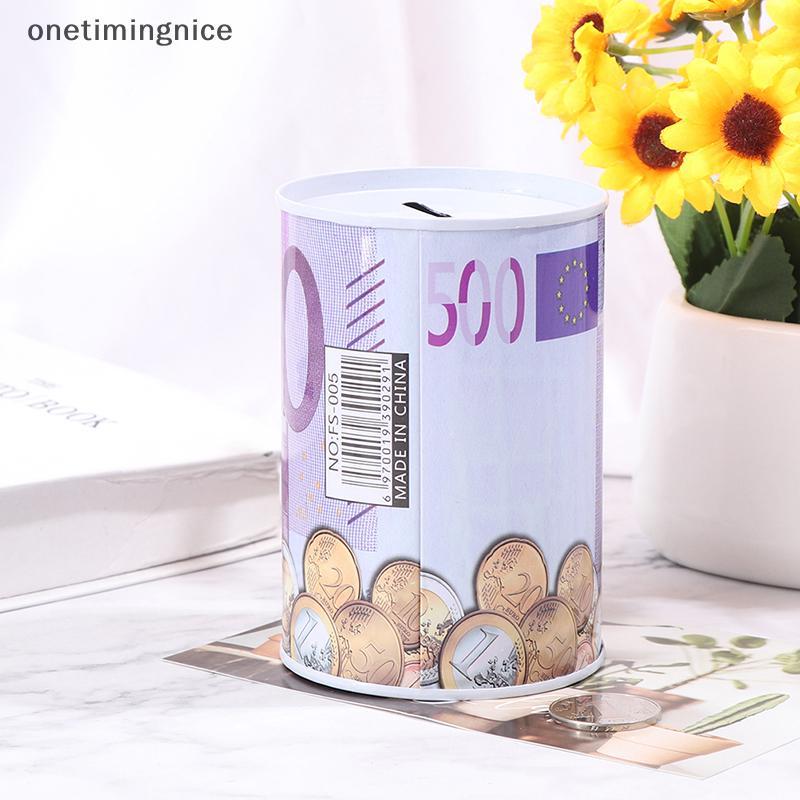 Onetimingnice Tinplate กระบอก Piggy Bank Euro Dollar รูปภาพกล่องในครัวเรือนประหยัดกล่องเงิน OTN