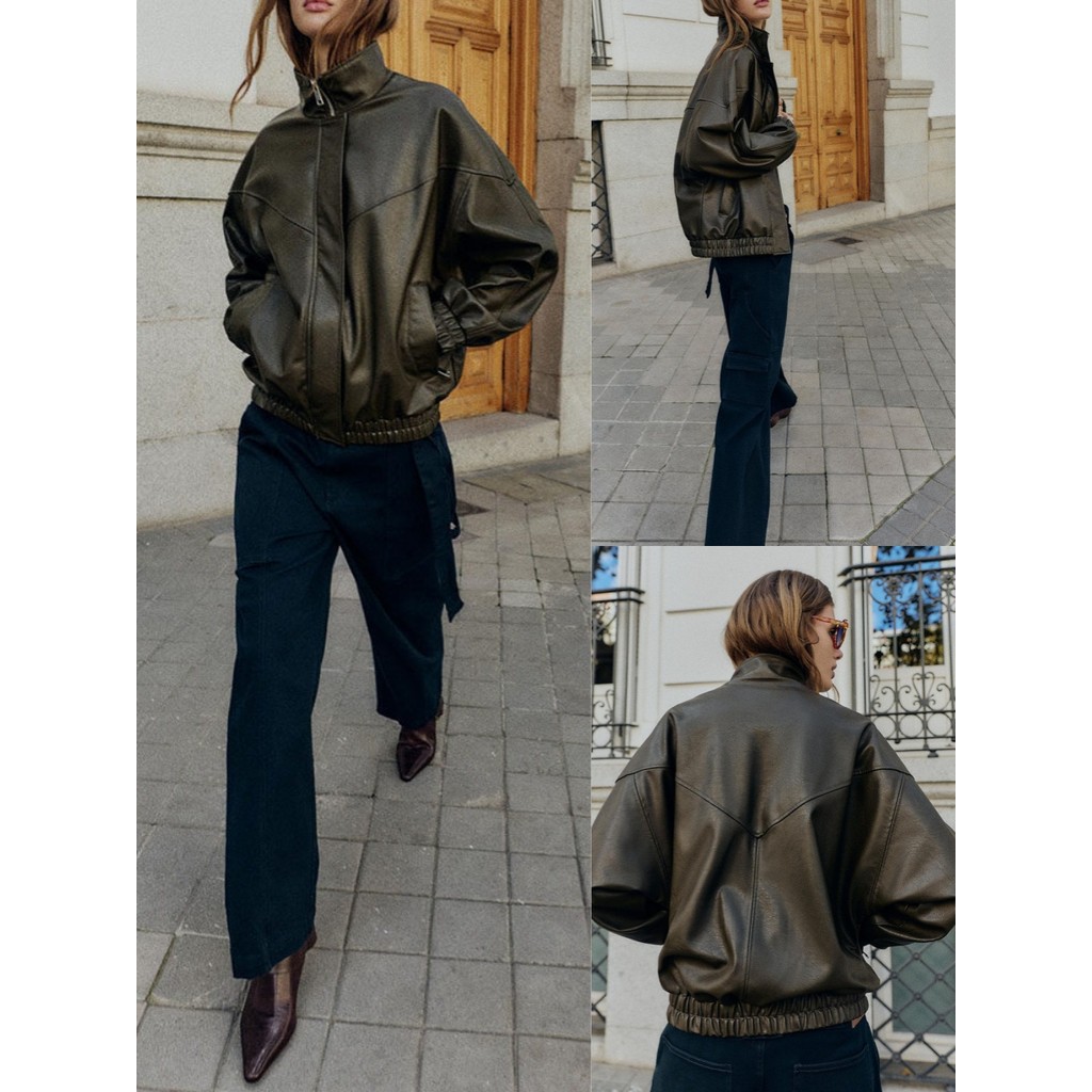 ZA สินค้าใหม่แฟชั่นสตรีแขนยาวคอตั้งหนัง Faux Bomber Jacket Coat 3046027 505