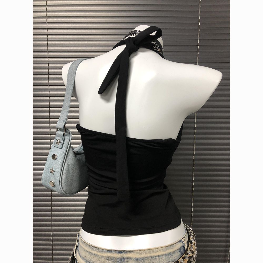 ท้อป Halter Retro Y2K สลิงสวมใส่ คอวิคตอเรีย สไตล์มิลเลเนียม ระดับไฮเอนด์ สีดำ IIX6