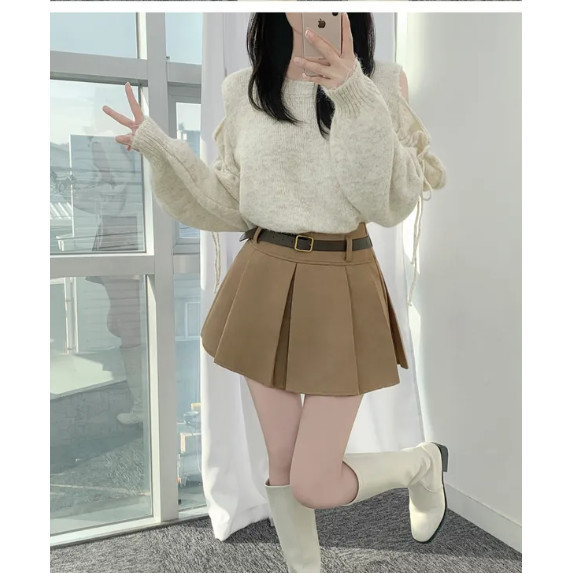 Beary Suede Pleated Skirt & Belt Set