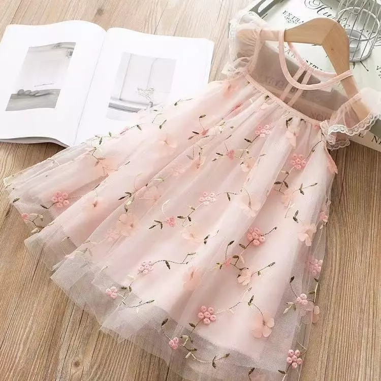 ็็HP02 ชุดสาวแฟชั่นใหม่เจ้าหญิงClohtingsหวานดอกไม้เย็บปักถักร้อยตาข่ายชุดสำหรับ2-6ปีคริสต์มาสสำหรับเด็ก