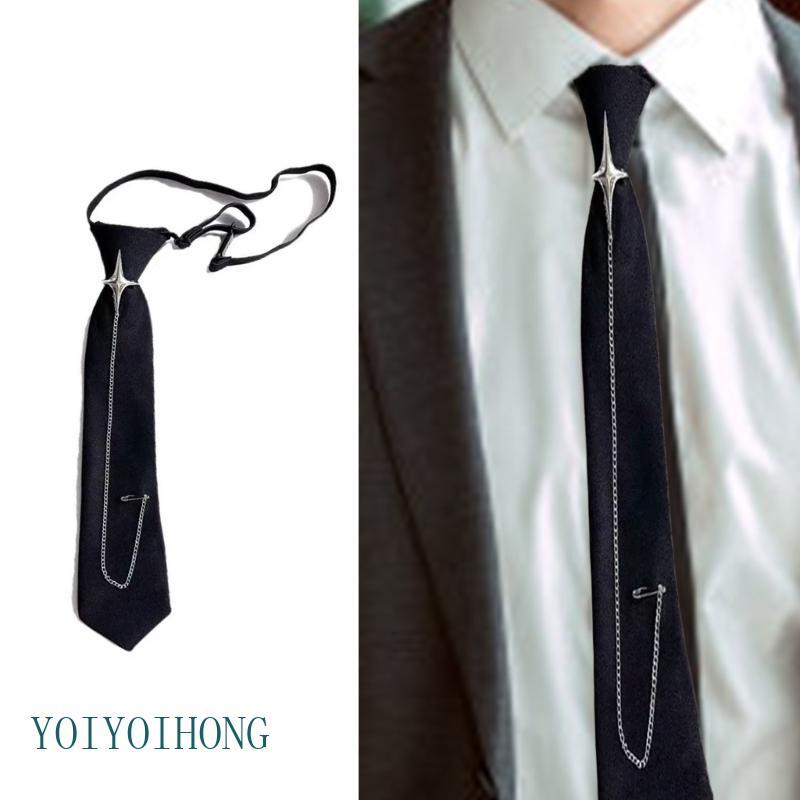 YOI Unisex Crosses Pin Chain เนคไทสีดําแฟชั่น Statement อุปกรณ์เสริมสําหรับชุดนักเรียนและ Leisure Wear Pre ผูก Tie