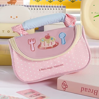 กล่องดินสอโบว์ลายสก๊อตสุดหวาน กระเป๋าจัดระเบียบหลายช่อง สีตัดกัน ขนาดใหญ่ พร้อมหูหิ้ว C3217