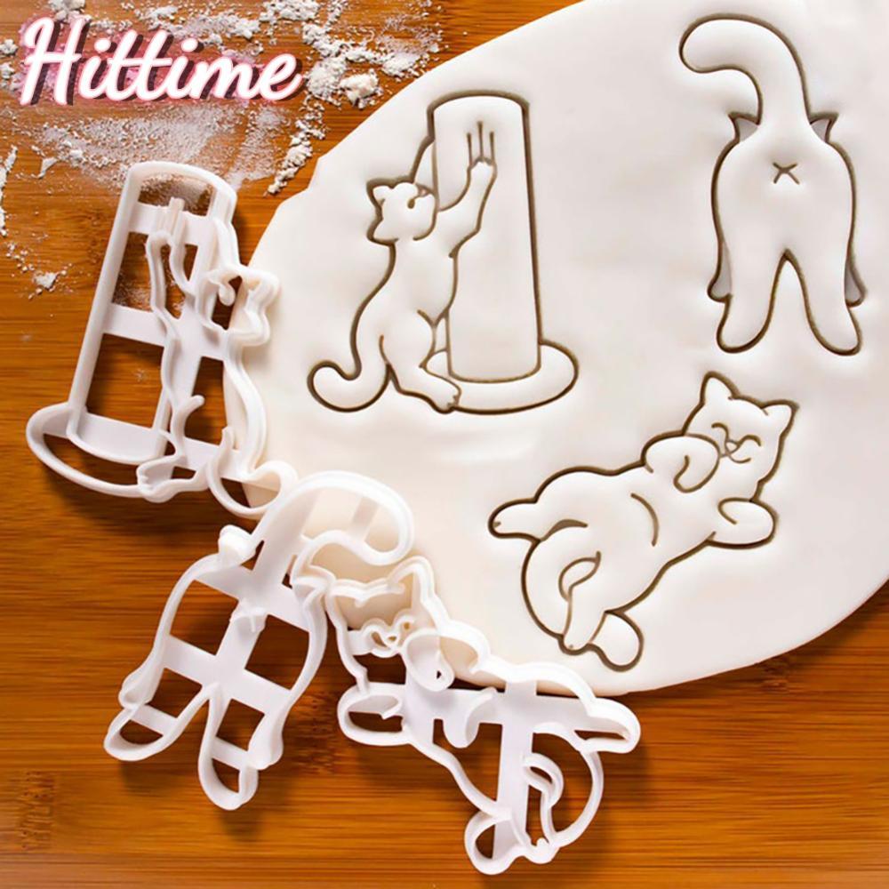 HITTIME 3D Cat Kitty Shape เครื่องตัดคุกกี้ชุด DIY พลาสติกเบเกอรี่แม่พิมพ์เครื่องมือสําหรับเด็กเด็กอ