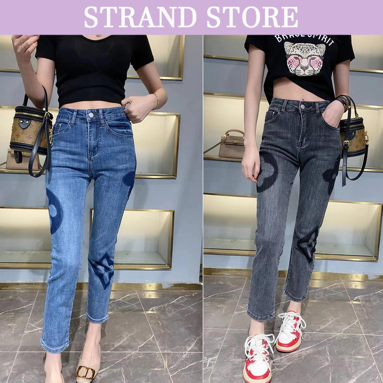 STRAND กางเกงยีนส์ขายาวผ้ายืด เอวสูง สาวอวบ เข้ารูป เย็บปักถักร้อย สลิมฟิต ซักไม่หด X5001BE