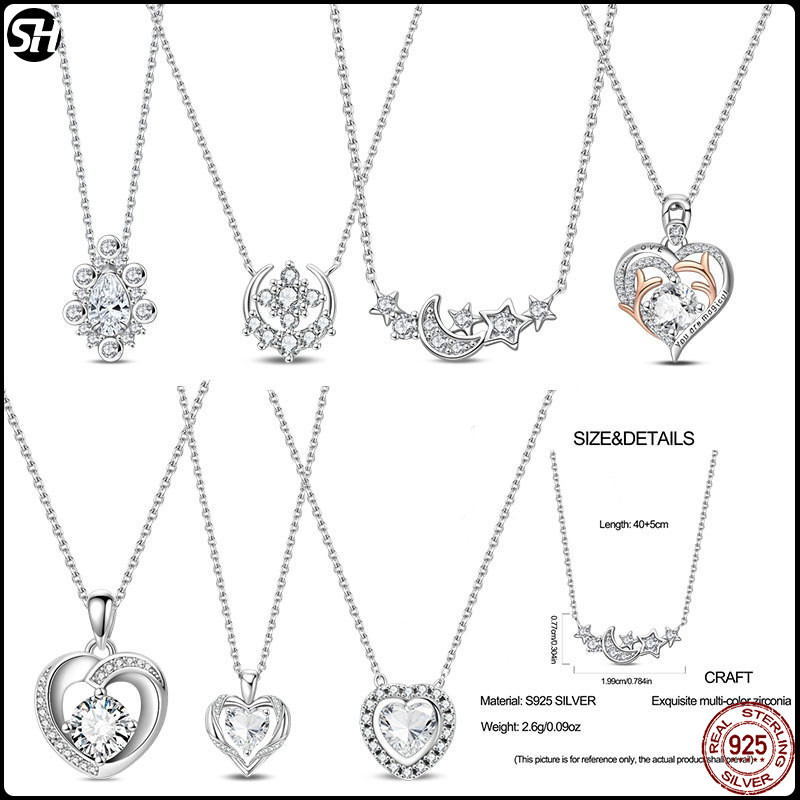 ใหม่ 925 สร้อยคอเงิน Star Moon สร้อยคอเดี่ยวสําหรับผู้หญิงเครื่องประดับของขวัญ
