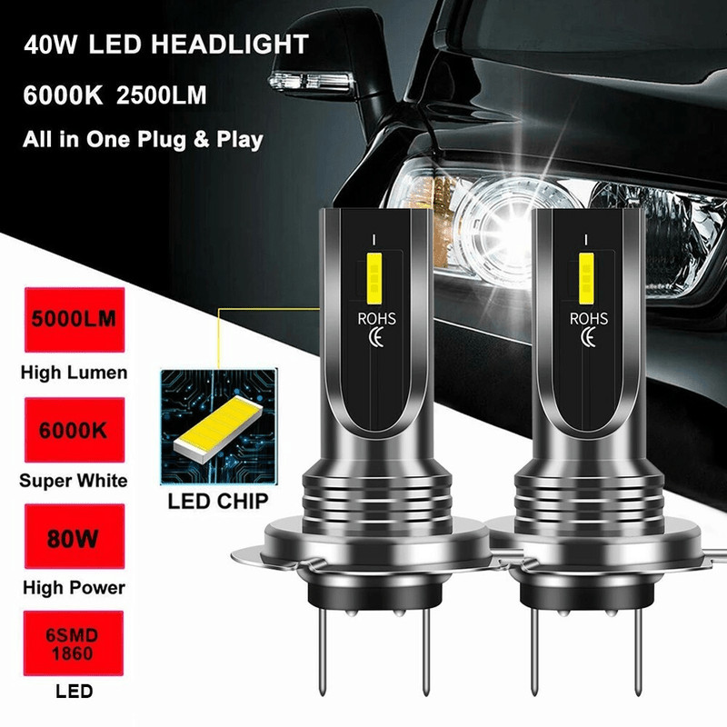 ไฟหน้า LED H7 2 ชิ้นแทนที่ด้วยหลอดไฟซีนอน Hi/Lo ไฟหลอดไฟความเร็วคู่ 6000K -