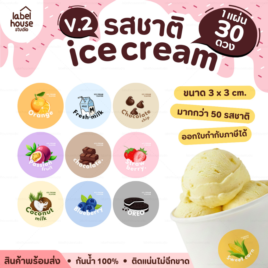 🍨สติ๊กเกอร์รสชาติไอศกรีม Ver.Eng วงกลมสีสดใส  วัสดุ PP กันน้ำ แช่แข็งได้ 3 x 3 ซม. ( 30 ดวง/แผ่น)