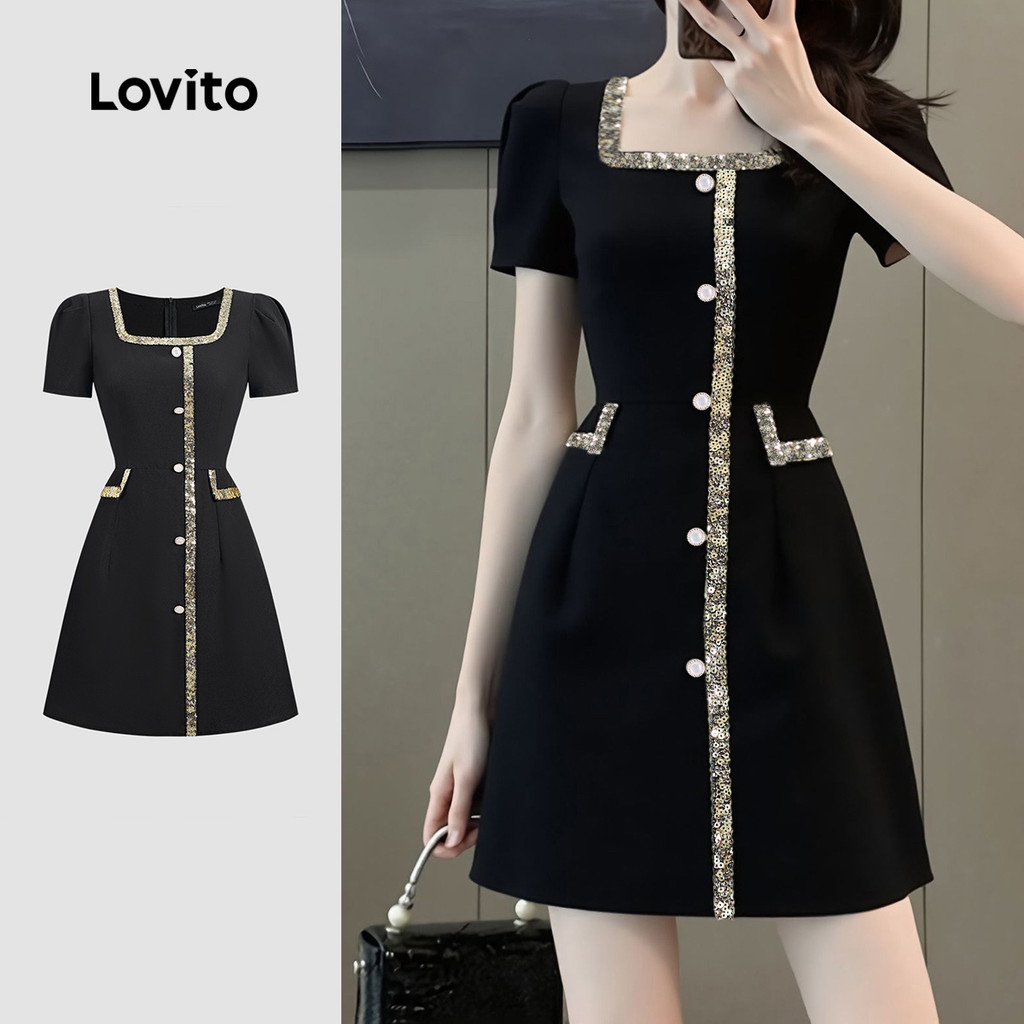 Lovito ชุดราตรีหรูหรา ประดับเพชรคริสตัล ฤดูใบไม้ผลิ/ฤดูร้อน สีดำ L155ED579