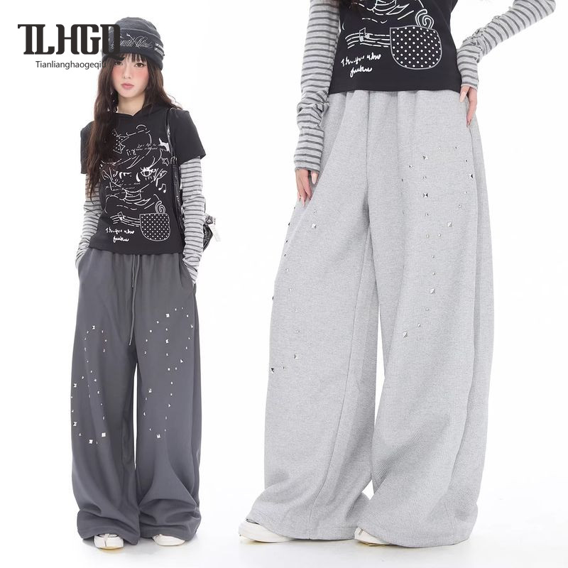 กางเกงวอร์ม American Waffle Knit ขนาดใหญ่ หลวมสบาย ขากว้าง สำหรับ STREETWEAR