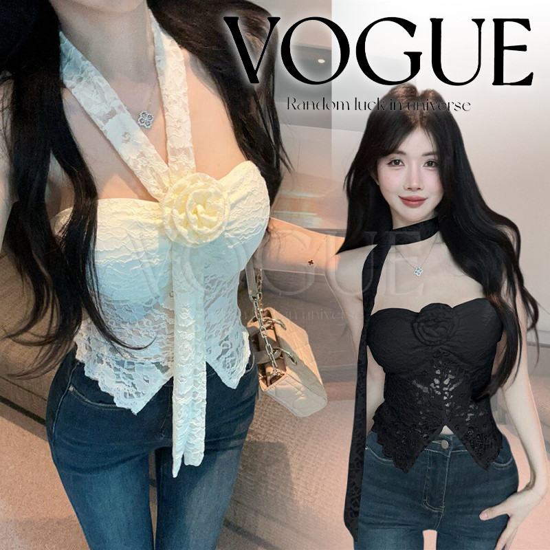 Vogue🌟พร้อมส่ง🌟 เสื้อเกาะอก ผ้าลูกไม้เสริมฟองน้ำในตัว แถมผ้าผูกคอและเข็มกลัดดอกกุหลาบ (FY2942)