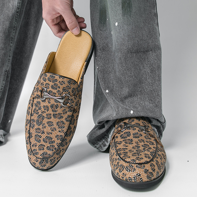 SIZE38-46 ผู้ชาย Mules เสือดาวพิมพ์ Mules แฟชั่น Mules ผู้ชาย Heelless รองเท้าหนังผู้ชาย Plus ขนาดรอ