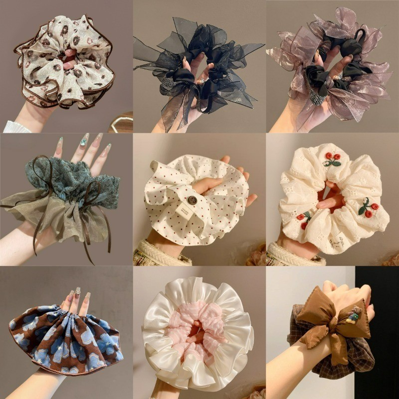 Polka Dot Lace Scrunchie ผ้าผูกผมหางม้าสไตล์เกาหลี น่ารัก ยืดหยุ่น เครื่องประดับผมสําหรับผู้หญิง