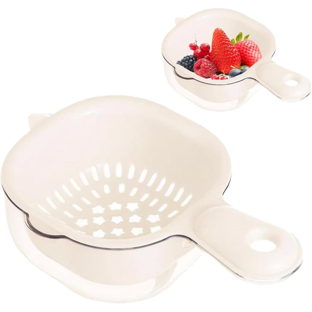 Mini Colander, Double-Layer Vegetable Washing Basket with Handle, Detachable Plastic Fruit Cleaning 