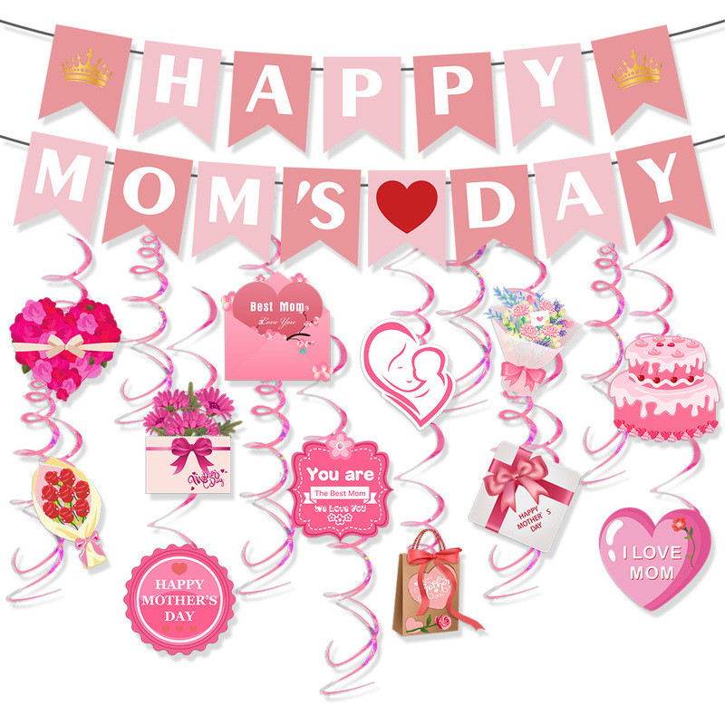 2026 Mothers Day ตกแต่ง Bunting & Spiral Garland Set พร้อมHAPPY MOMs DAY แบนเนอร์ Happy Mothers Day 