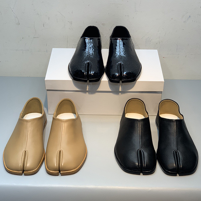 9OLB MM6 New style pig hoof split-toe shoes, genuine leather slip-on flat shoes for women, soft leat