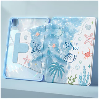 เคสสําหรับ Samsung Tab S10+ Plus 12.4" | Tab S9+ S8+ หนัง PU หรูหราพิมพ์ลายน่ารัก | ด้านหลังอะคริลิคใส | Anti-stain Cover Tab S10 Ultra 360°A1331 บีช海