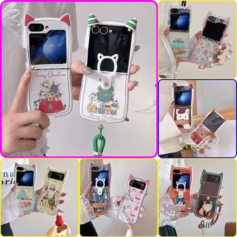 น่ารักคริสต์มาสพิมพ์ Soft TPU ซิลิโคนหูแมวสําหรับ Samsung Galaxy Z Flip 7 Flip 7FE Z Flip 6 Z Flip 5 Z Flip 4 Z Flip 3 พร้อมแหวนสร้อยข้อมือกันกระแทกปกหลัง